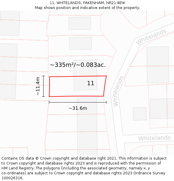 11, WHITELANDS, FAKENHAM, NR21 8EW: Plot and title map