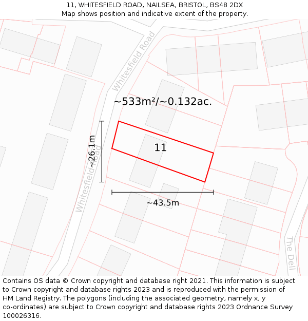 11, WHITESFIELD ROAD, NAILSEA, BRISTOL, BS48 2DX: Plot and title map