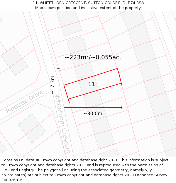 11, WHITETHORN CRESCENT, SUTTON COLDFIELD, B74 3SA: Plot and title map