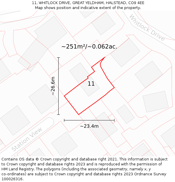11, WHITLOCK DRIVE, GREAT YELDHAM, HALSTEAD, CO9 4EE: Plot and title map