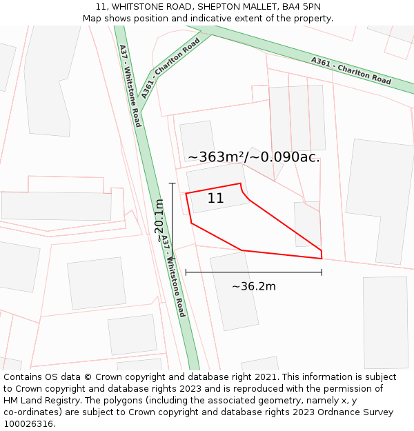 11, WHITSTONE ROAD, SHEPTON MALLET, BA4 5PN: Plot and title map