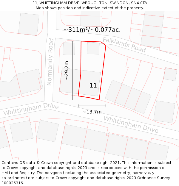11, WHITTINGHAM DRIVE, WROUGHTON, SWINDON, SN4 0TA: Plot and title map
