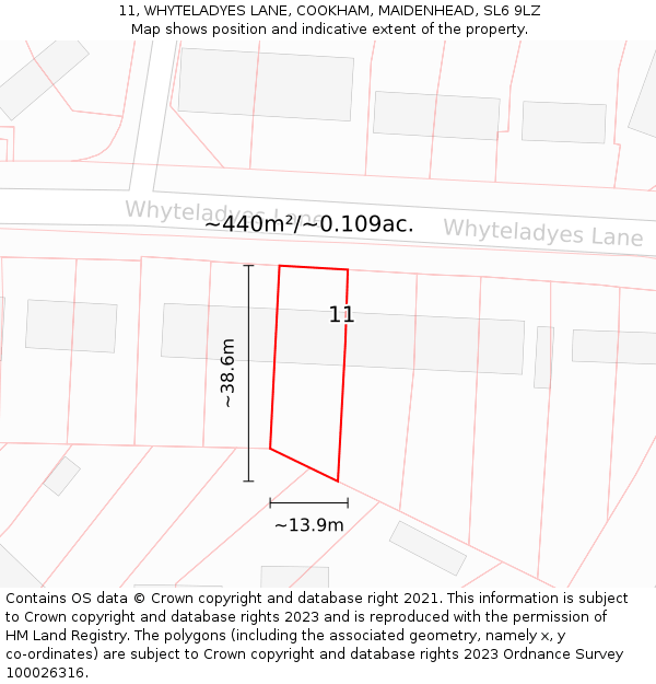 11, WHYTELADYES LANE, COOKHAM, MAIDENHEAD, SL6 9LZ: Plot and title map