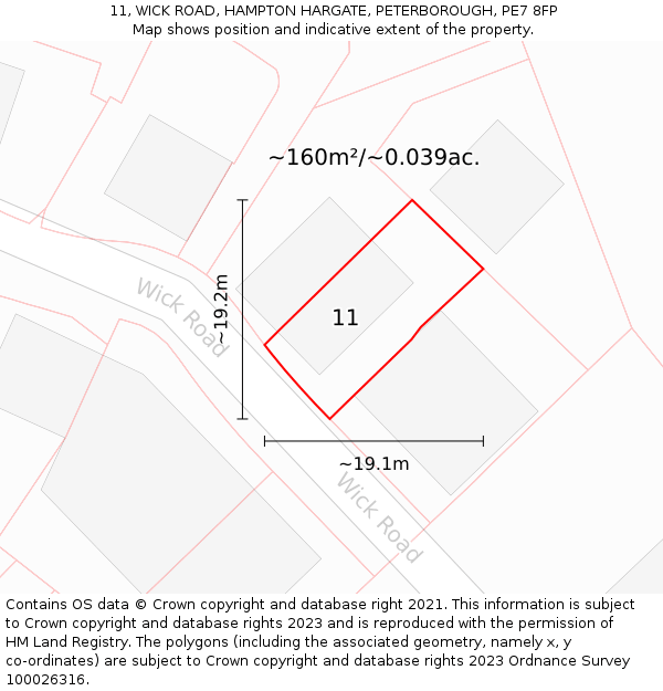 11, WICK ROAD, HAMPTON HARGATE, PETERBOROUGH, PE7 8FP: Plot and title map