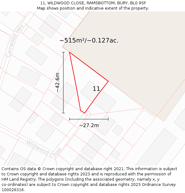 11, WILDWOOD CLOSE, RAMSBOTTOM, BURY, BL0 9SF: Plot and title map
