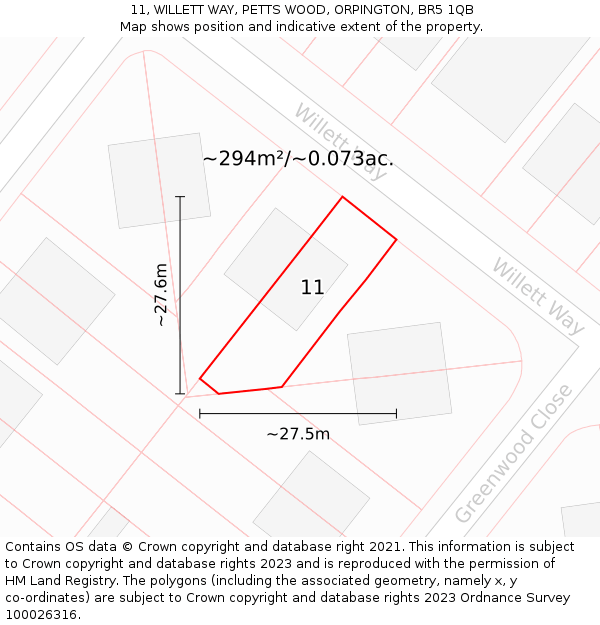 11, WILLETT WAY, PETTS WOOD, ORPINGTON, BR5 1QB: Plot and title map