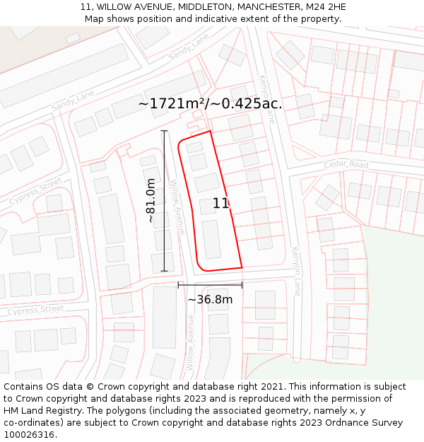 11, WILLOW AVENUE, MIDDLETON, MANCHESTER, M24 2HE: Plot and title map