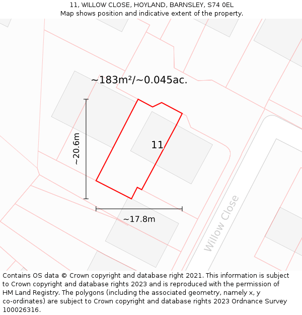 11, WILLOW CLOSE, HOYLAND, BARNSLEY, S74 0EL: Plot and title map
