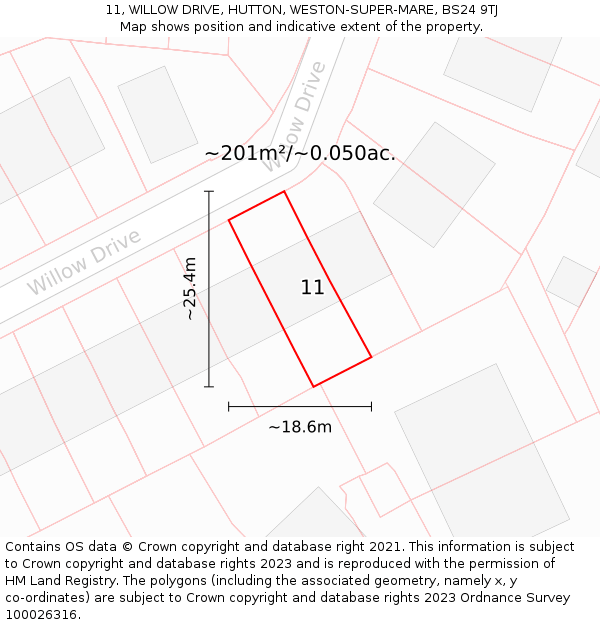 11, WILLOW DRIVE, HUTTON, WESTON-SUPER-MARE, BS24 9TJ: Plot and title map