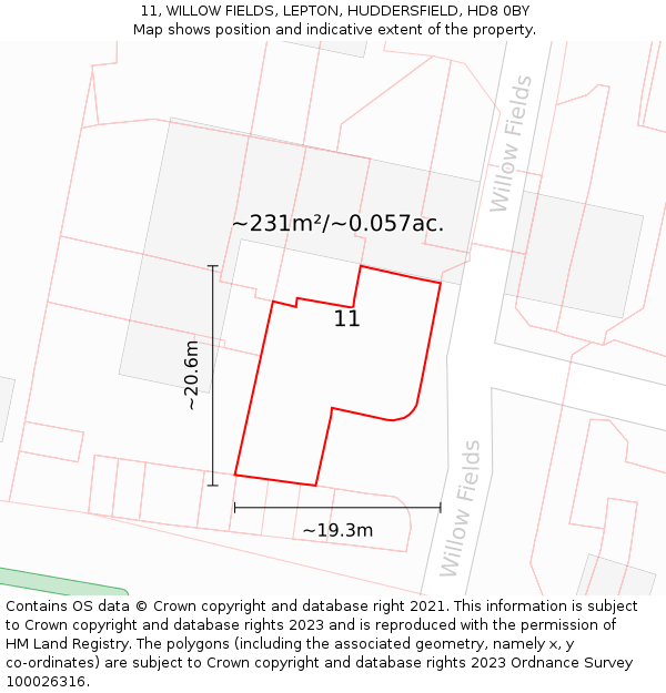 11, WILLOW FIELDS, LEPTON, HUDDERSFIELD, HD8 0BY: Plot and title map