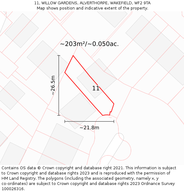 11, WILLOW GARDENS, ALVERTHORPE, WAKEFIELD, WF2 9TA: Plot and title map