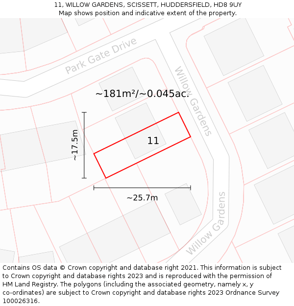 11, WILLOW GARDENS, SCISSETT, HUDDERSFIELD, HD8 9UY: Plot and title map