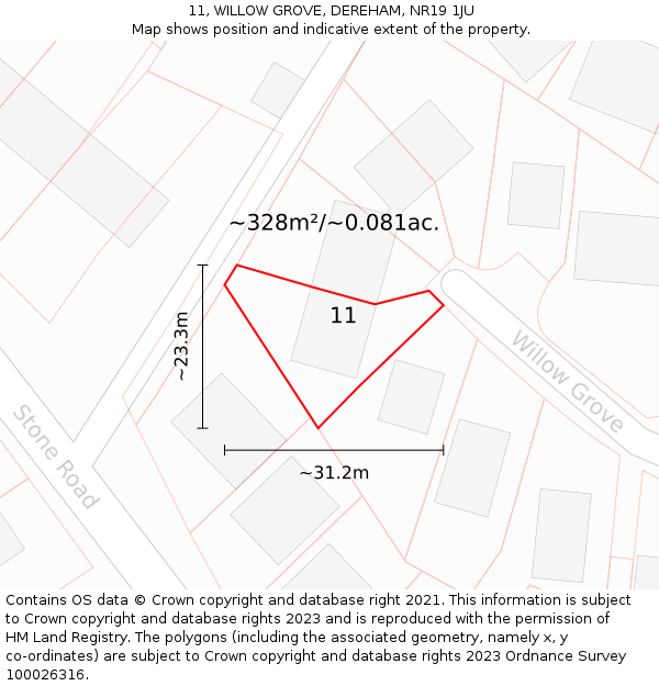 11, WILLOW GROVE, DEREHAM, NR19 1JU: Plot and title map