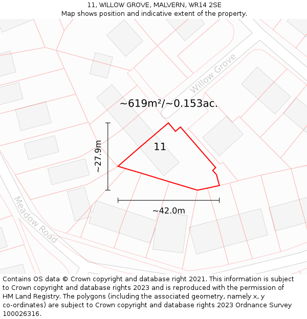 11, WILLOW GROVE, MALVERN, WR14 2SE: Plot and title map