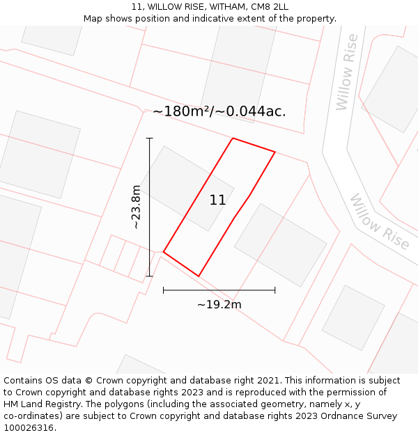 11, WILLOW RISE, WITHAM, CM8 2LL: Plot and title map
