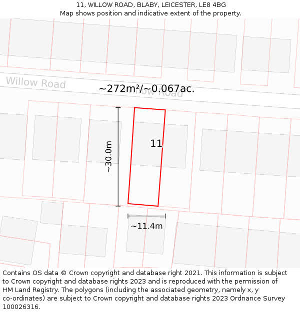 11, WILLOW ROAD, BLABY, LEICESTER, LE8 4BG: Plot and title map