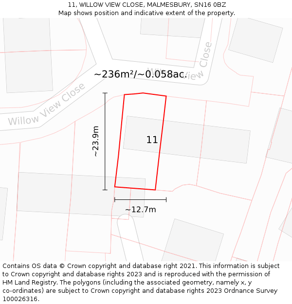 11, WILLOW VIEW CLOSE, MALMESBURY, SN16 0BZ: Plot and title map