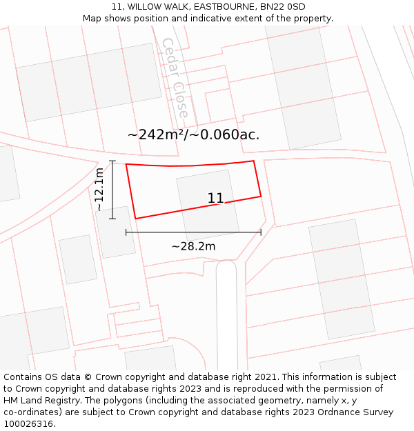 11, WILLOW WALK, EASTBOURNE, BN22 0SD: Plot and title map