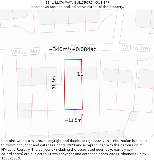 11, WILLOW WAY, GUILDFORD, GU1 1PF: Plot and title map