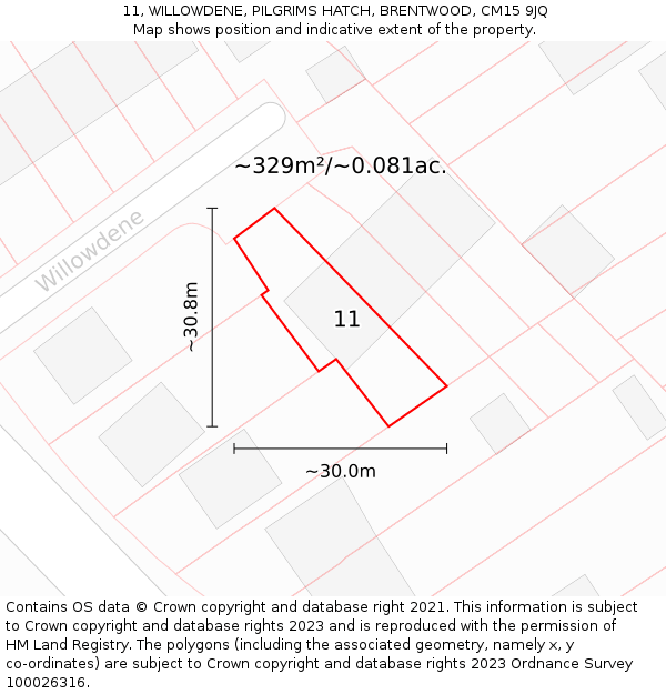 11, WILLOWDENE, PILGRIMS HATCH, BRENTWOOD, CM15 9JQ: Plot and title map