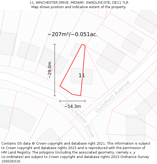 11, WINCHESTER DRIVE, MIDWAY, SWADLINCOTE, DE11 7LR: Plot and title map