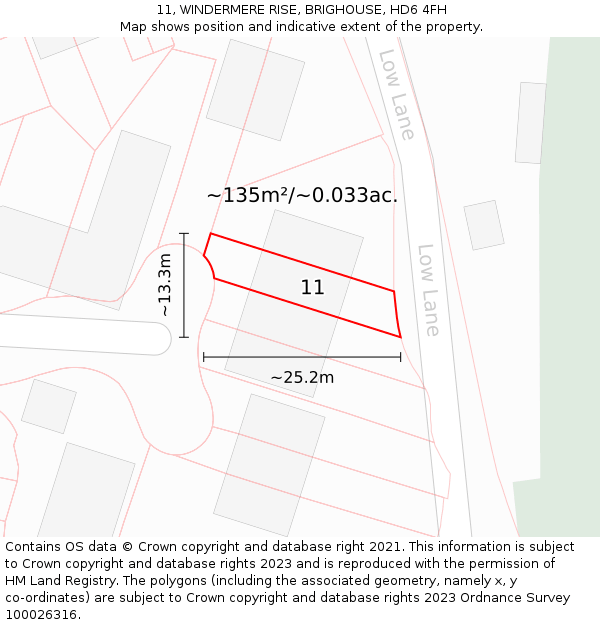 11, WINDERMERE RISE, BRIGHOUSE, HD6 4FH: Plot and title map