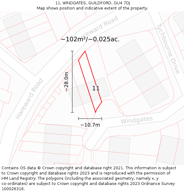 11, WINDGATES, GUILDFORD, GU4 7DJ: Plot and title map