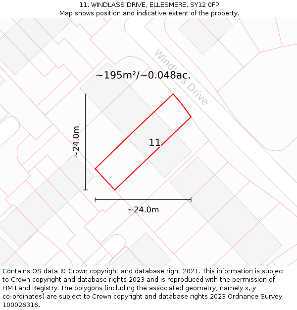 11, WINDLASS DRIVE, ELLESMERE, SY12 0FP: Plot and title map