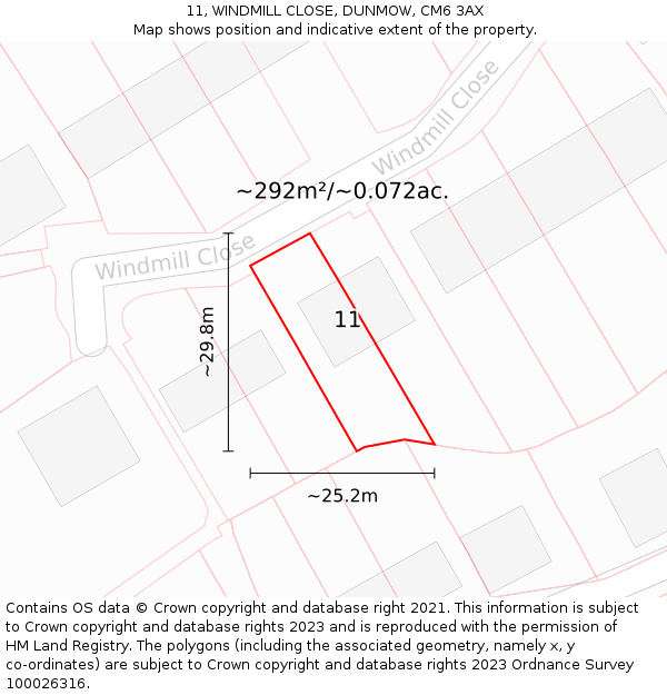11, WINDMILL CLOSE, DUNMOW, CM6 3AX: Plot and title map