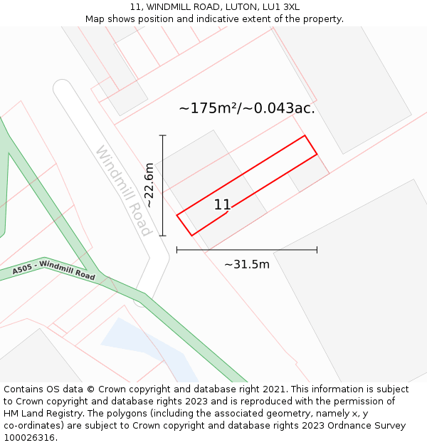 11, WINDMILL ROAD, LUTON, LU1 3XL: Plot and title map