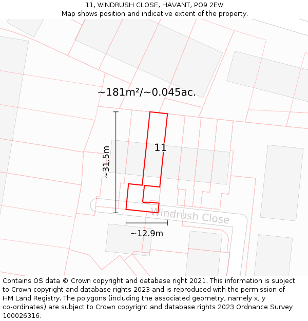 11, WINDRUSH CLOSE, HAVANT, PO9 2EW: Plot and title map