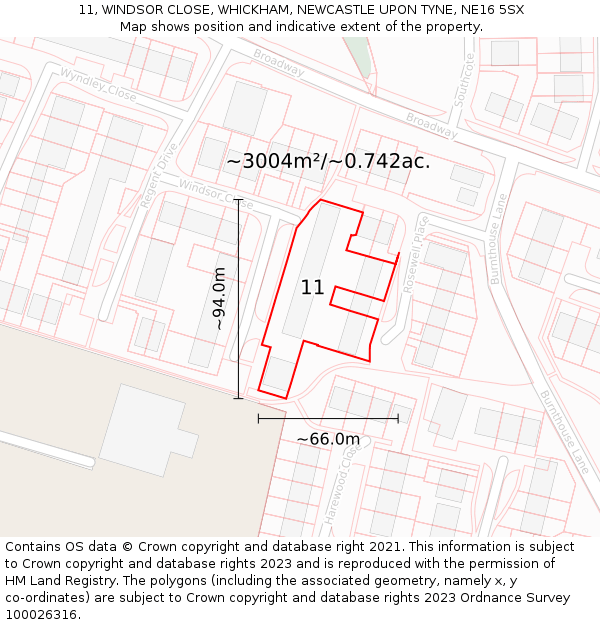 11, WINDSOR CLOSE, WHICKHAM, NEWCASTLE UPON TYNE, NE16 5SX: Plot and title map