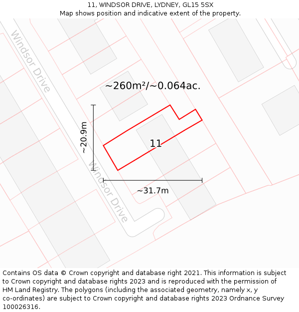11, WINDSOR DRIVE, LYDNEY, GL15 5SX: Plot and title map