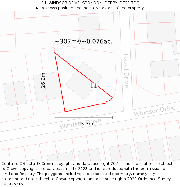 11, WINDSOR DRIVE, SPONDON, DERBY, DE21 7DQ: Plot and title map