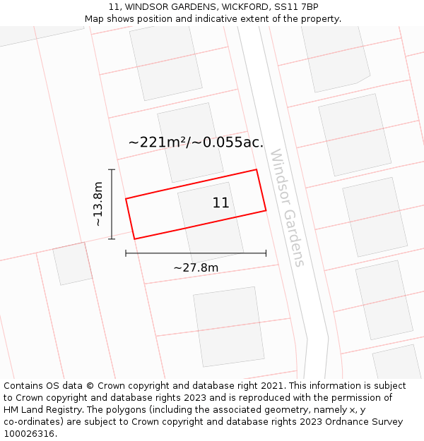 11, WINDSOR GARDENS, WICKFORD, SS11 7BP: Plot and title map