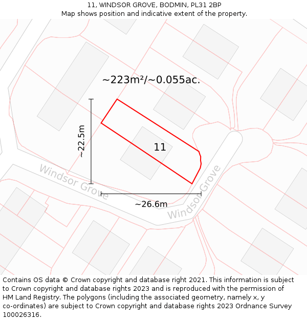 11, WINDSOR GROVE, BODMIN, PL31 2BP: Plot and title map