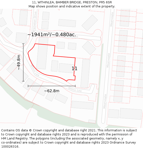 11, WITHINLEA, BAMBER BRIDGE, PRESTON, PR5 6SR: Plot and title map