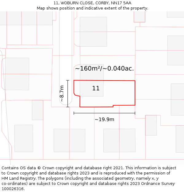 11, WOBURN CLOSE, CORBY, NN17 5AA: Plot and title map