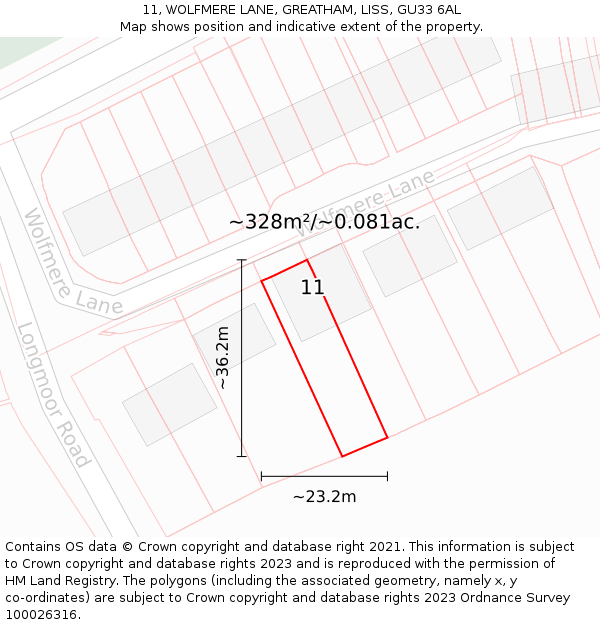11, WOLFMERE LANE, GREATHAM, LISS, GU33 6AL: Plot and title map
