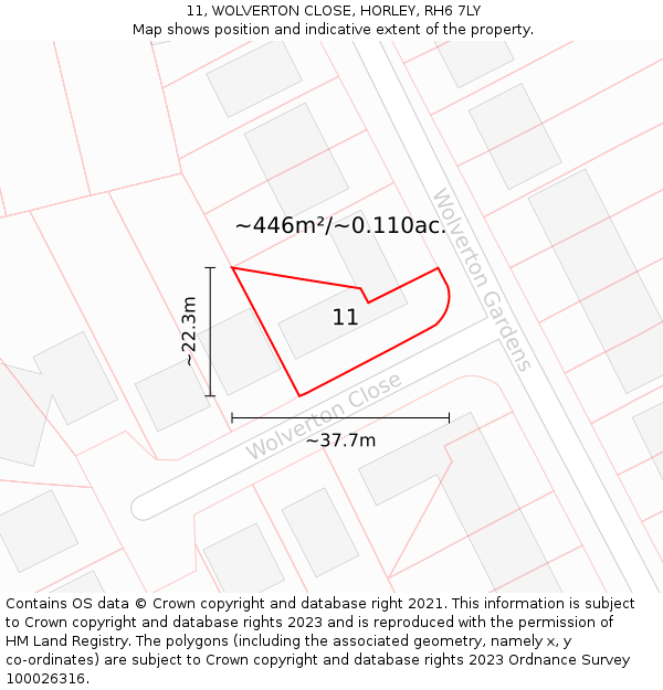 11, WOLVERTON CLOSE, HORLEY, RH6 7LY: Plot and title map