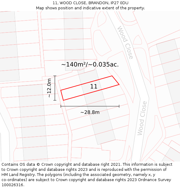 11, WOOD CLOSE, BRANDON, IP27 0DU: Plot and title map