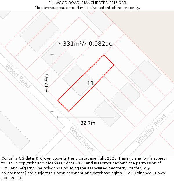 11, WOOD ROAD, MANCHESTER, M16 9RB: Plot and title map