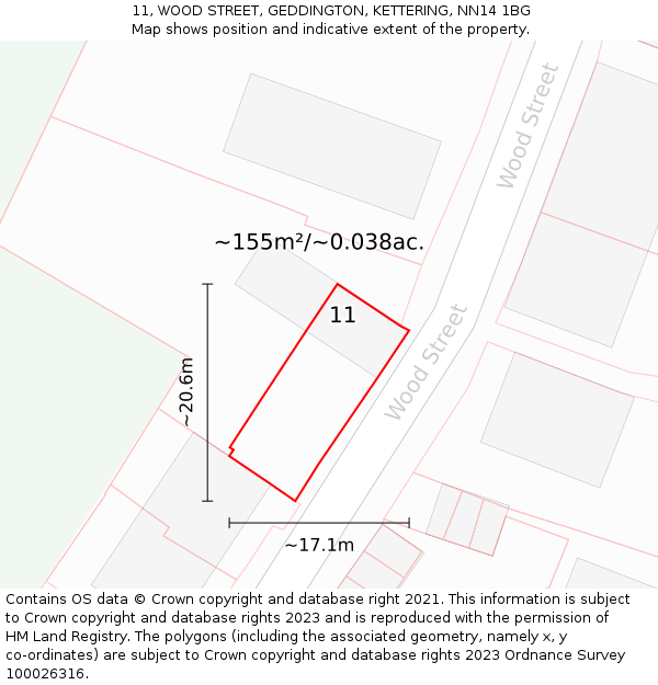 11, WOOD STREET, GEDDINGTON, KETTERING, NN14 1BG: Plot and title map