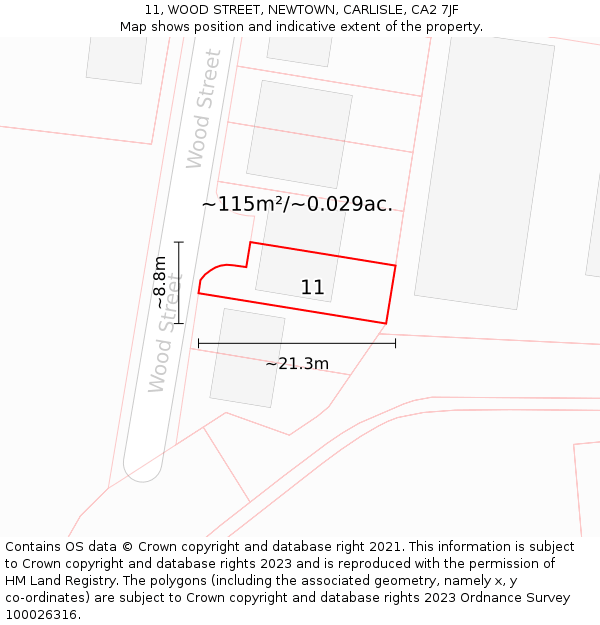 11, WOOD STREET, NEWTOWN, CARLISLE, CA2 7JF: Plot and title map