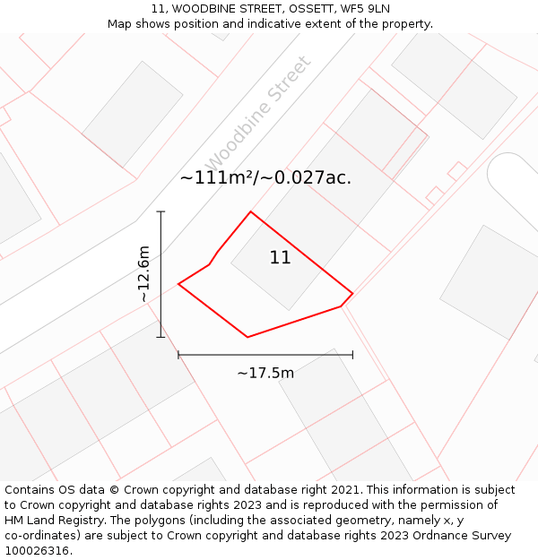 11, WOODBINE STREET, OSSETT, WF5 9LN: Plot and title map
