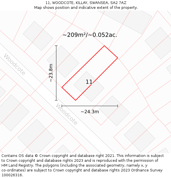 11, WOODCOTE, KILLAY, SWANSEA, SA2 7AZ: Plot and title map