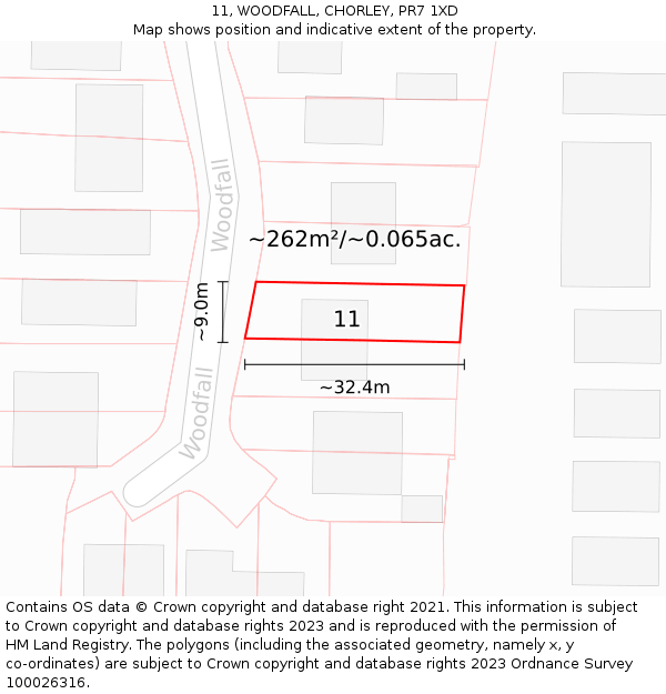 11, WOODFALL, CHORLEY, PR7 1XD: Plot and title map