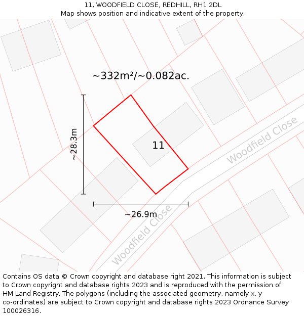 11, WOODFIELD CLOSE, REDHILL, RH1 2DL: Plot and title map