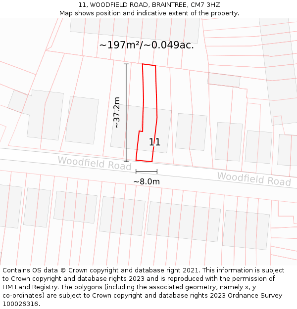 11, WOODFIELD ROAD, BRAINTREE, CM7 3HZ: Plot and title map