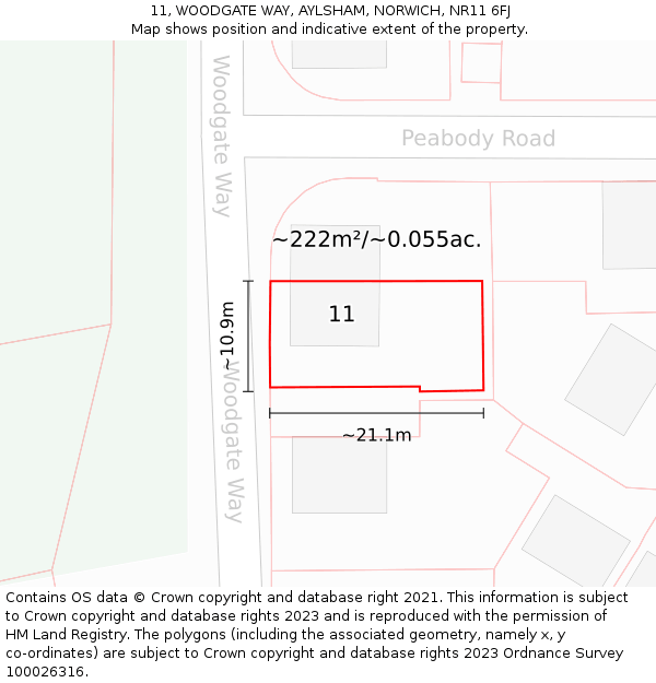 11, WOODGATE WAY, AYLSHAM, NORWICH, NR11 6FJ: Plot and title map